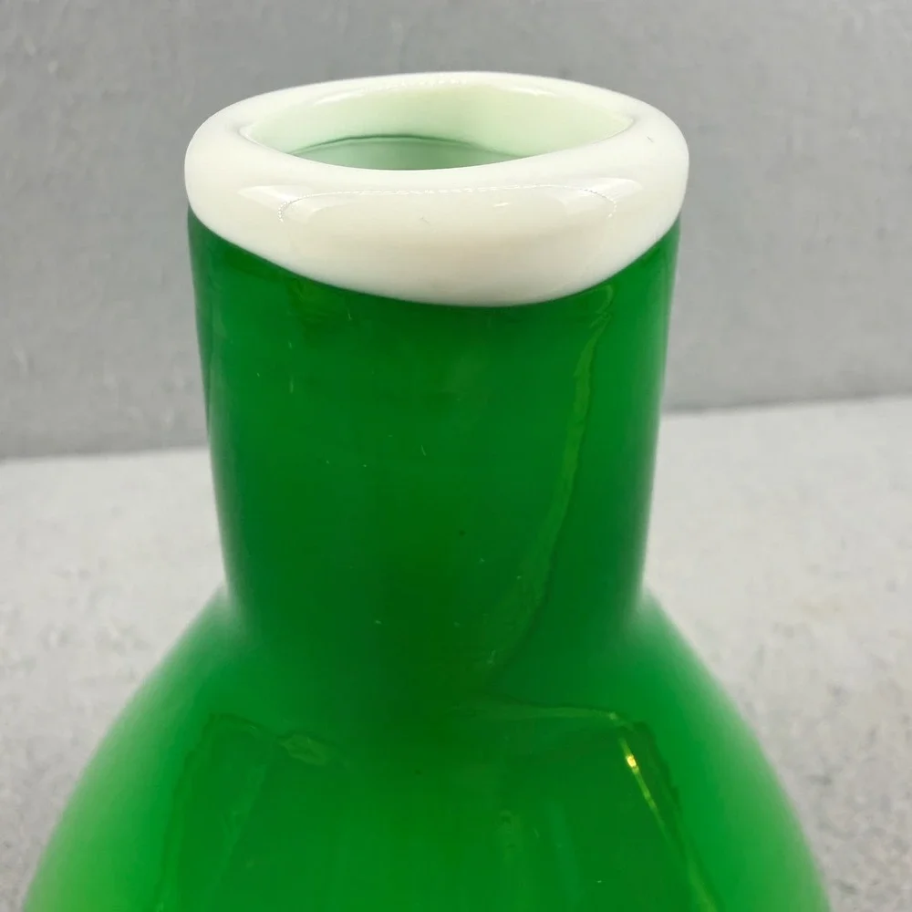 Vintage Mid Century Emerald Green Cased Glass Vase White‎ Rim 6 Inch MCM Decor